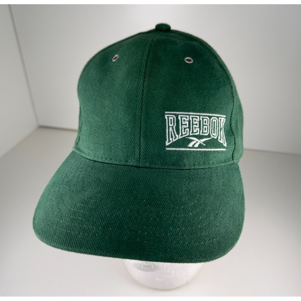 Vintage 90s Reebok Spellout Green Twill Logo Snapback Hat Cap Mens OSFA Vented